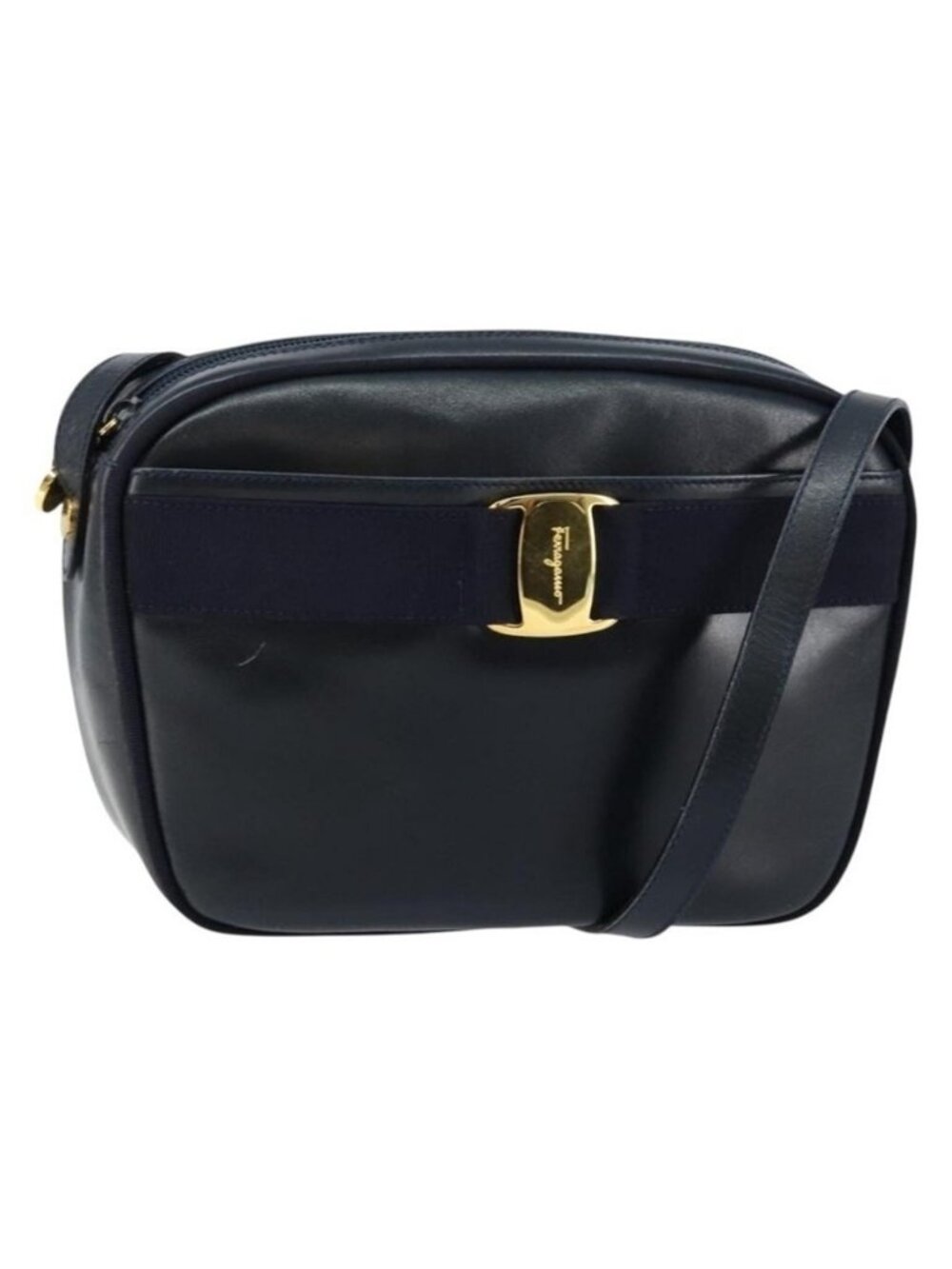 Authentic Salvatore Ferragamo Vala Shoulder Bag Leather Navy Gold